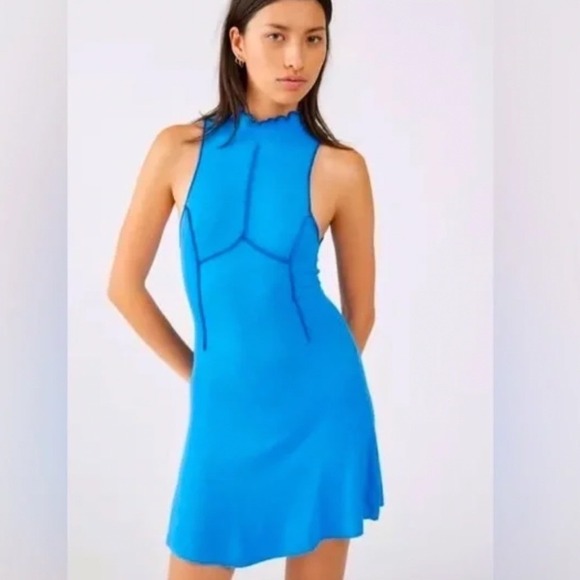 Urban Outfitters Dresses & Skirts - Urban Outfitters Blue Ribbed Open Back Mini Dress Lettuce Trim Large Cyber Y2K